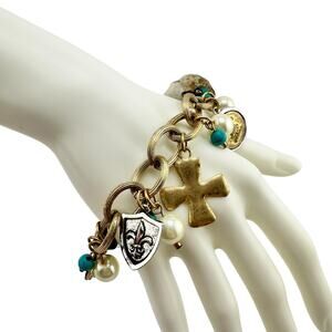 Fleur de Lis Charms Boho Cross Dangle Two Tone Faux Turquoise Bead 7" Bracelet